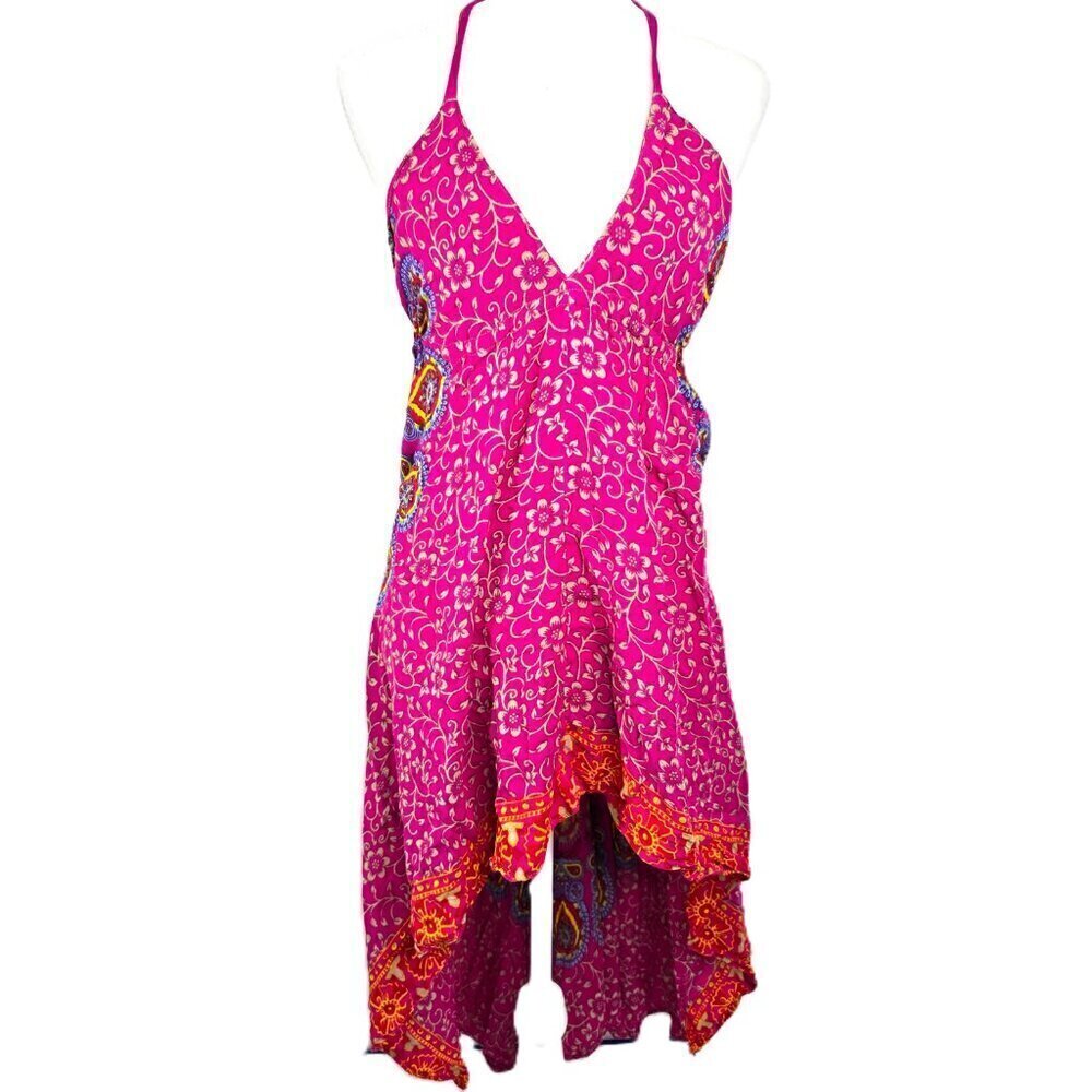Women's Pink Halter Deep V Neck Sexy Low Back Gypsy High Low Flowy Dress